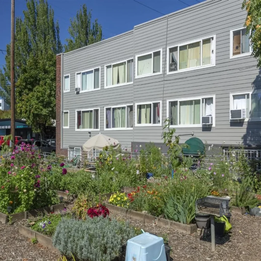 Barbara Maher Apartments exterior with resident community garden